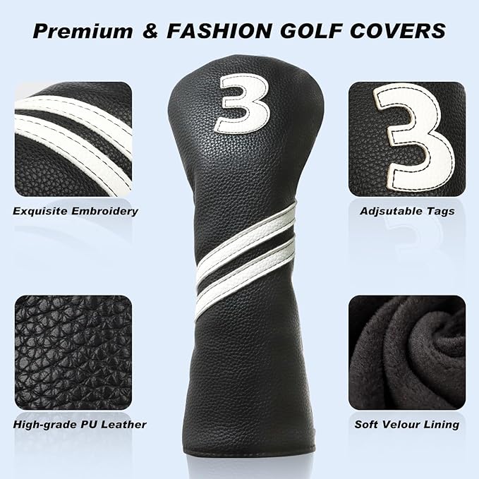 Golf Club Covers,4pcs or 1pc Golf Headcovers for Woods and Driver Fairway Hybrids Women Men - Premium PU Leather with Interchangeable Tags & Magnetic Blade and Mallet Putter Covers