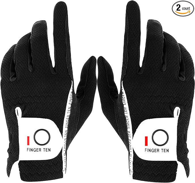 FINGER TEN Premium Rain Grip Men's Golf Gloves 1 Pair, Hot Wet Weather No Sweat Glove for Serious Feel & Performance, Left Right Hand Black Gray White Blue Fit Size S M L XL 2XL 3XL