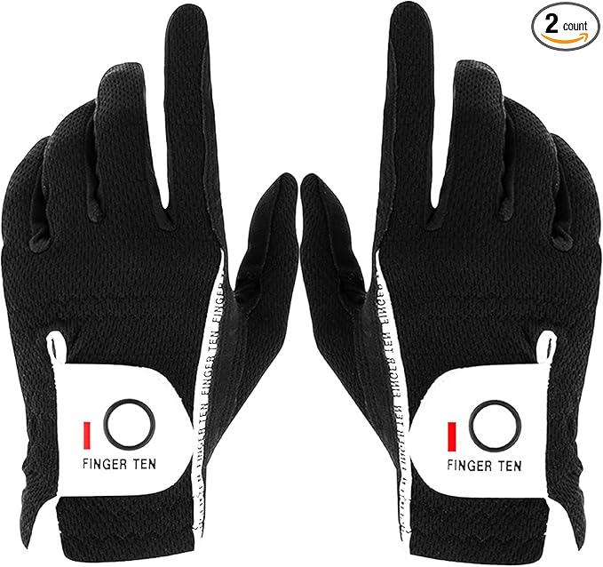 FINGER TEN Premium Rain Grip Men's Golf Gloves 1 Pair, Hot Wet Weather No Sweat Glove for Serious Feel & Performance, Left Right Hand Black Gray White Blue Fit Size S M L XL 2XL 3XL