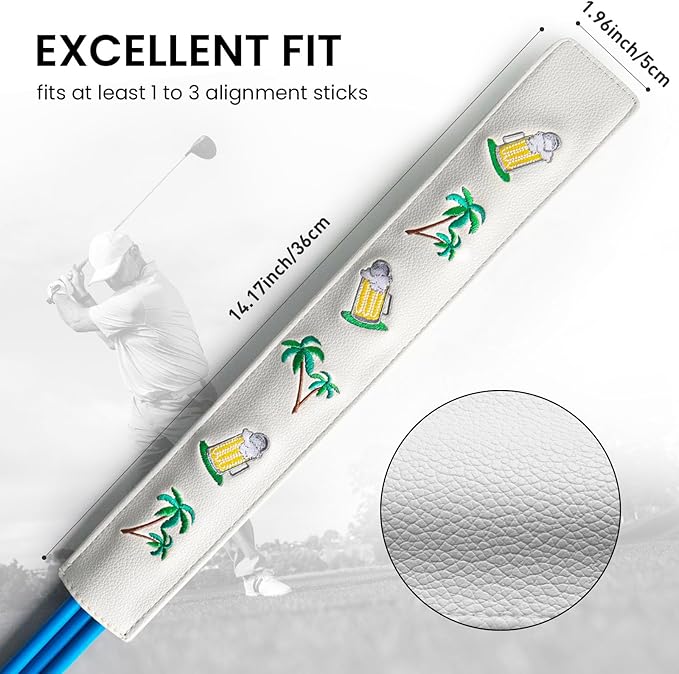 FINGER TEN Golf Alignment Stick Cover Headcover Rods Holder Case Leather 14''× 2'' in USA Black White Green Hold at Least 2 Sticks