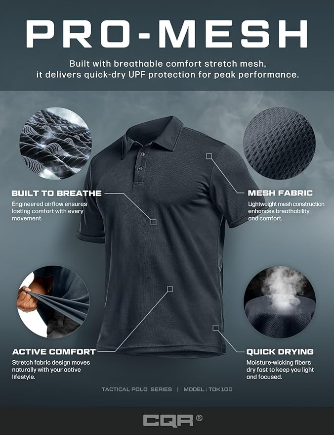 CQR Men's Polo Shirts, Tactical Short Sleeve Golf Performance Shirts, Lightweight Dry Fit UPF 50+ Pique