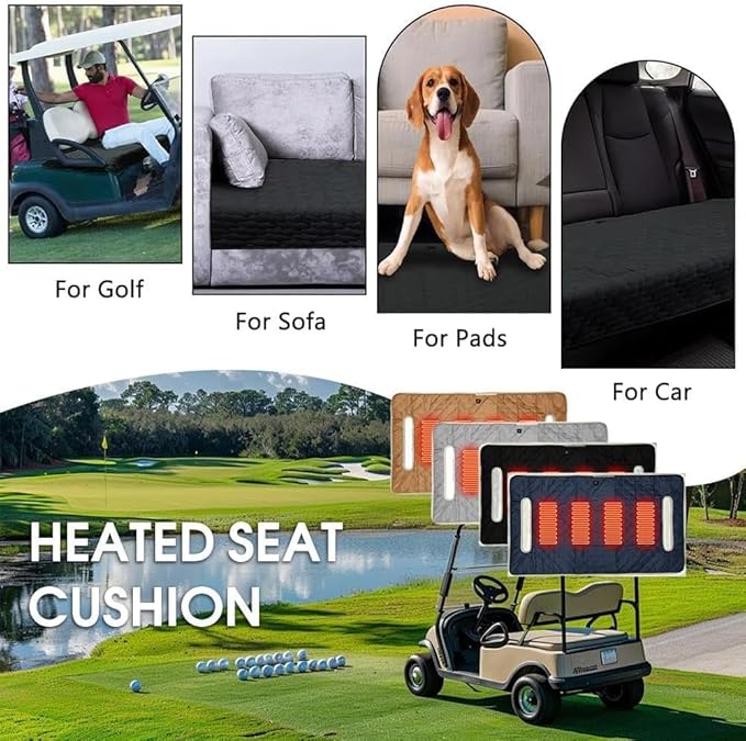 Universal Heated Golf Cart Seat Cover - Waterproof Golf Cart Heater Accessory w/ 4-Zone Warmth, 3 Heat Levels, USB/Type-C & 12V Plug for EZGO/Yamaha/Club Car (Gray)