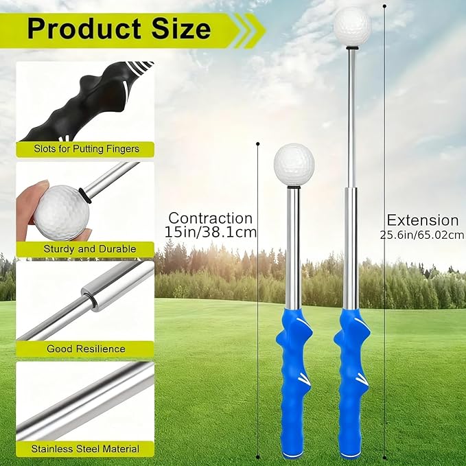 Retractable Golf Swing Training Aid,Right-Handed Golf Swing Trainer, Golf Grip Trainer with Click Feedback, Golf Stick for Practice Correction Indoor Outdoor Hitting (Blue, Right-Handed)