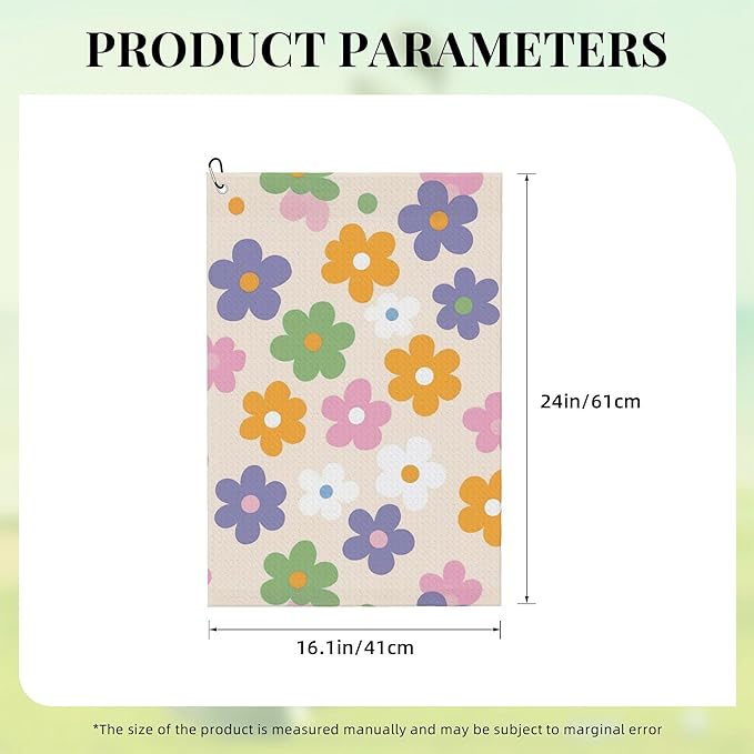 Cute Floral Golf Towel with Carabiner Clip 24"x16" Microfiber Waffle Flower Ladies Golf Towels for Golf Bags Funny Golf Rag for Disc Balls Clubs Accessories for Women Men Girls