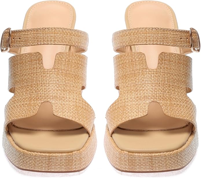 Monrovia Womens Sandals Heels for Women Slide On Block Chunky Platform High Heels Open Toe Raffia Wedge Sandals
