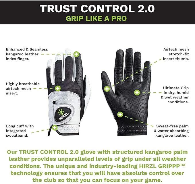 HIRZL Trust Control 2.0 Golf Gloves, All Weather Mens Golf Glove, White/Black, Kangaroo Leather Palm, Cabretta Leather Backhand, Trusted by Pro’s, Sweat Free, Ultimate Grip
