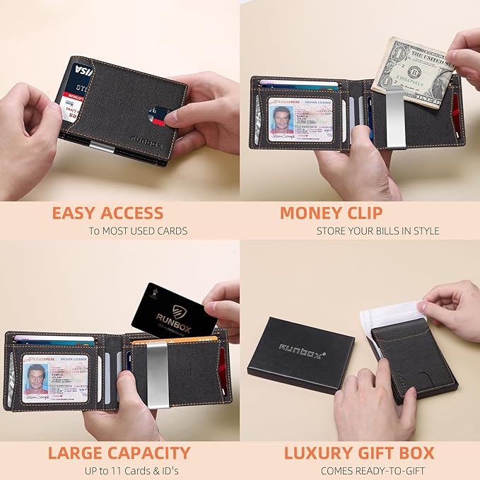RUNBOX Money Clip Wallets for Men,Slim Leather Mens Bifold Wallet,RFID Blocking Front Pocket Wallet,Thin Credit Card Holder with Gift Box