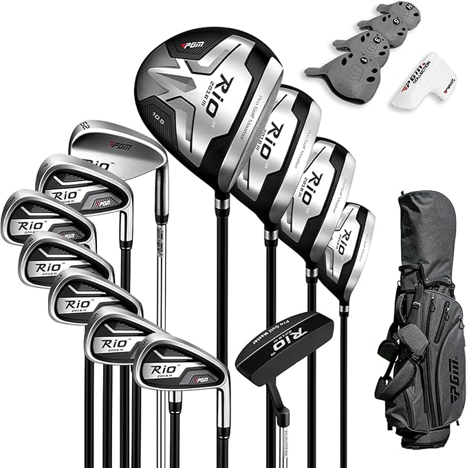 PGM Men's Complete Golf Club Sets - 12 Pieces - 3 Wood (#1,3,5), 1 Hybrid (#4H), 6 Irons(#5,6,7,8,9,PW), 1 Sand Wedge (52°), 1 Putter - Golf Stand Bag - Titanium Club Head, Graptlite Shaft