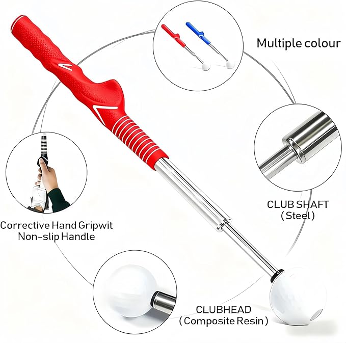 Retractable Golf Swing Training Aid,Right-Handed Golf Swing Trainer, Golf Grip Trainer with Click Feedback, Ergonomic Grip Golf Stick for Practice Correction Indoor Outdoor Hitting Red
