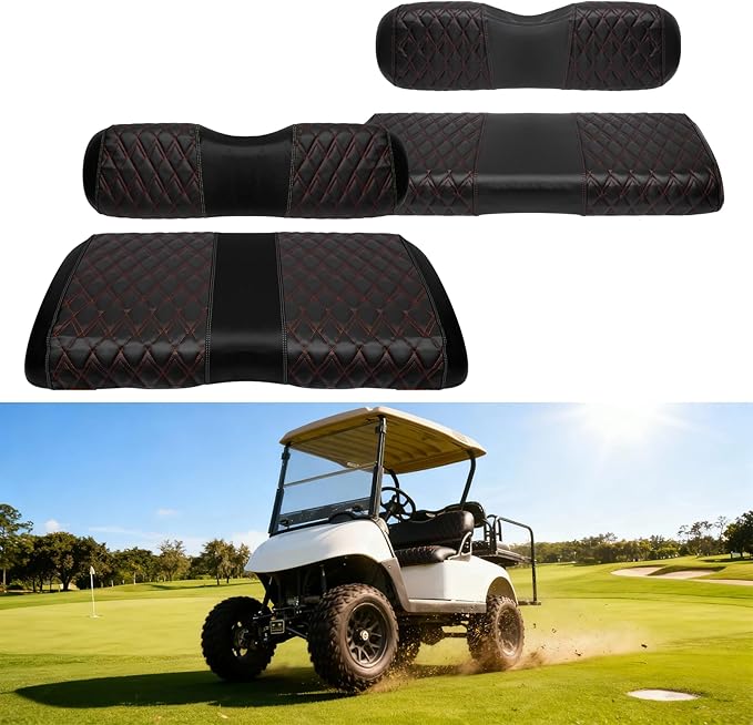 4PCS Golf Cart Diamond Seat Covers Kit, Fits EZGO RXV 2008+ Golf Cart Vinyl Replacement Seat Cover （Black Stitching, No Stapler, Easy to Clean）