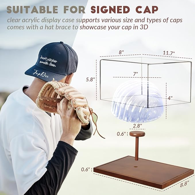 JupDec Hat Display Case, Clear Acrylic Baseball Cap Display Box Stand, UV Protection Signed Hat Transparent Showcase with Solid Wood Base Risers & Hat Shaper, Ideal Gift for Caps Collector