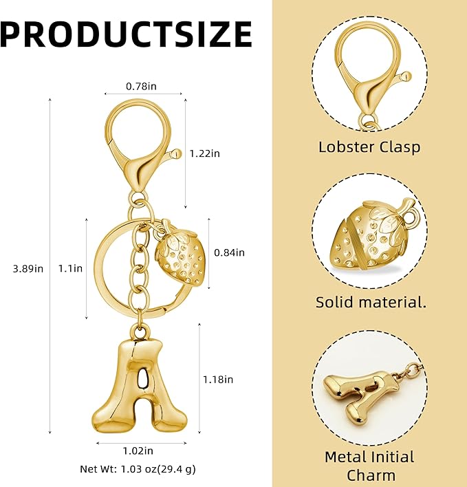 Gold Bubble Heart, Cherry, Bow & More Designs Letter Initial Keychain Bag Charms – Cute Purse Charms for Handbags