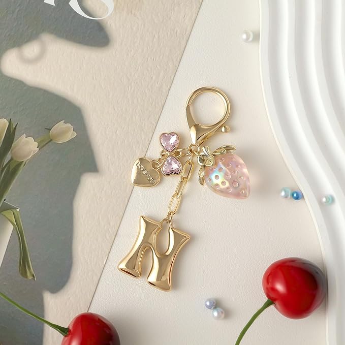 Snycler Bubble Initial Keychain with Strawberry & Bow- Gold Letter Bag Charms for Women, Cute Purse Handbag Accessories