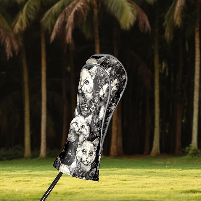 Golf Club Covers Cats Black Driver Headcover, Leather Golf Club Head Covers for Driver Fairway Woods Waterproof Golf Headcovers with Anti-Scratch Lining for Men Women