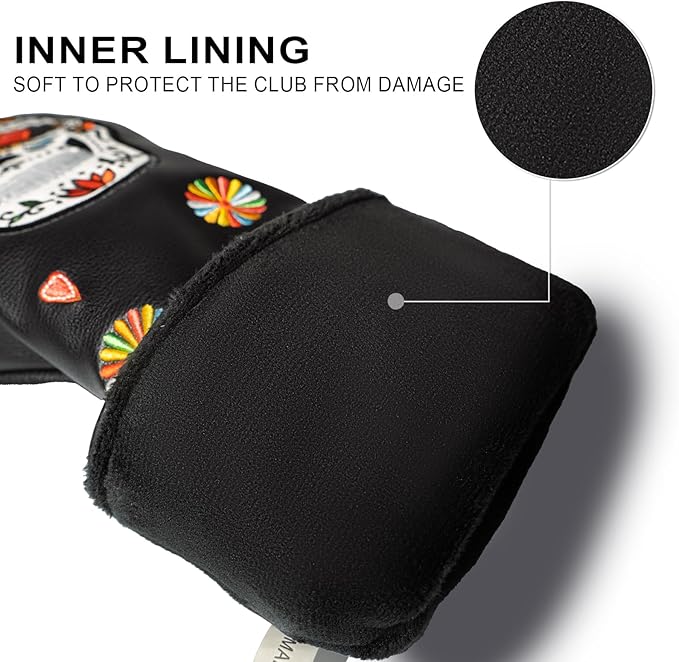 Colorful Skeleton Embroidery Club Covers Driver Headcovers Fairway Wood Cover Hybrid Head Cover Leather 3 Wood Headcover Golf Club Covers for Most Brand.