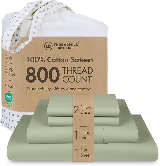Threadmill Luxury 800 Thread Count California King 100% Cotton Sheets - Sage Green Sateen Weave Bed-Sheets, Better Than Egyptian Cotton, 4 Pc Solid Bed Set, Fits 16" Deep Pocket