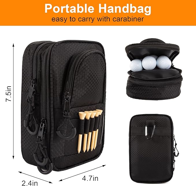 Golf Valuables Pouch & Golfs ball bag organizer with 3 Zippered Pockets,Golf Accessories for Men,Portable Multi Layer Golfs Storage Bags,Carabiner Clip – Store 12-15 Balls,Male and Female Player Gifts