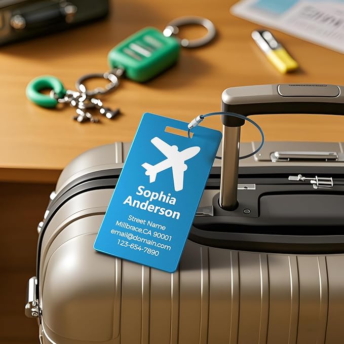 Personalized Metal Luggage Tags, Custom Suitcase Aluminum Name Tags with 5.9in Steel Ring, Laser Engraved Text and Logo, for Travel Gift, Baggage, Golf Bag (Blue)