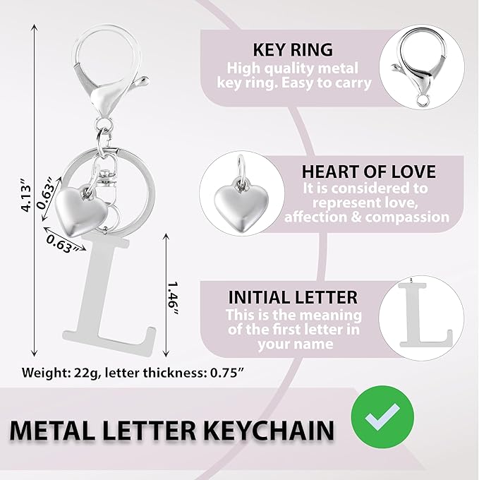 Metal Heart Alphabet Keychain for Women, Girls - Cute Initial Letter Accessories for Purse, Bag Charms and Backpack