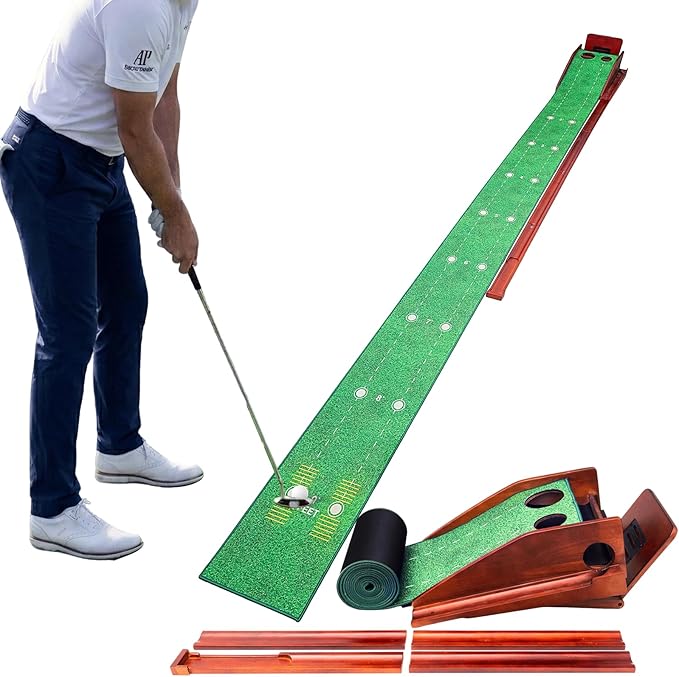 Putting Green Indoor with Three-Level Adjustable Incline, Auto Ball Return - Easy to Fold Solid Wood Base, Golf Training Aid for Home, Office, Backyard - Golf Putting Mat for Men