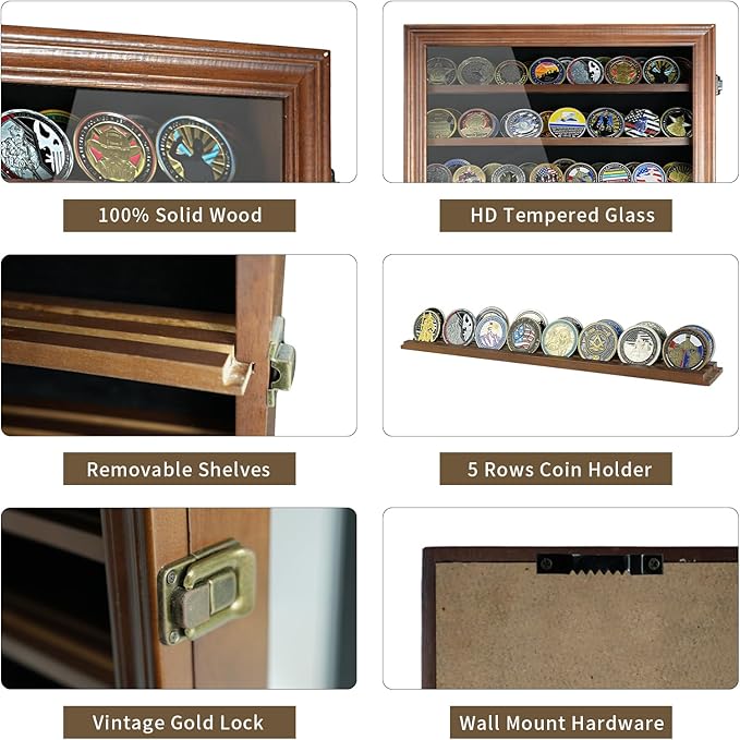 7 Rows Challenge Coin Display Case - Holds 100 Coins, Solid Wood Military Coin Holder Cabinet with HD Tempered Glass, Wall-Mountable Shadow Box for Collectibles, Medals, Casino Chips, Walnut