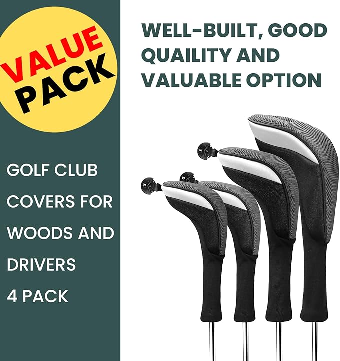 FINGER TEN Golf Club Head Covers Woods Driver Fairway Hybrid 3/4/5 Set, Headcovers Men 1 3 5 7 X Interchangeable Number Tag, Fit All Wood Clubs