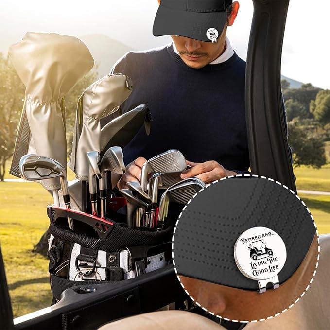 Hafhue Retired and Living The Good Life Golf Ball Marker with Magnetic Hat Clip, Funny Golf Accessories and Golf Gifts for Men Women Grandma Grandpa, Birthday Retirement Gifts for Golfer Golf Lover