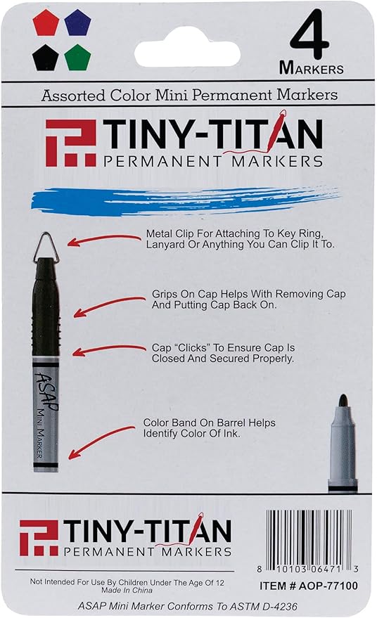 Tiny-Titan Mini Markers - Keychain Clip Golf Ball Marker - Clip On Nurse's Badge - Fine Point - Assorted Red, Blue, Green, Black - 4 Pens Per Pack