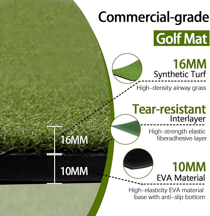 Golf Mat 5x4ft for Indoor Outdoor Use, 26mm Thick with Anti-Slip Base & 6 Tee Holes, Easy to Store High-Elasticity Hitting Mat Includes Practice Balls and Tees