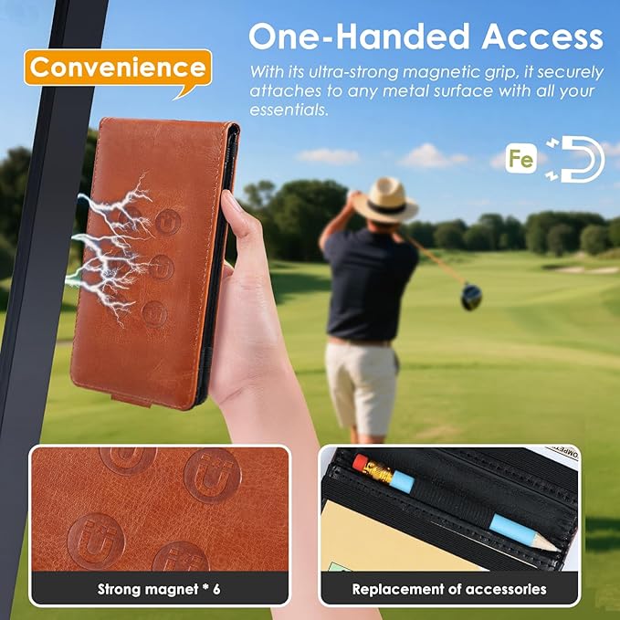 Magnetic Golf Scorecard Holder All-in-One, High-End Leather Golf Yardage Book Holder, Scorecard Book Yardage Book Cover Universal Fit for Scorecard, Golf Accessories Fit for Most Back Pocket