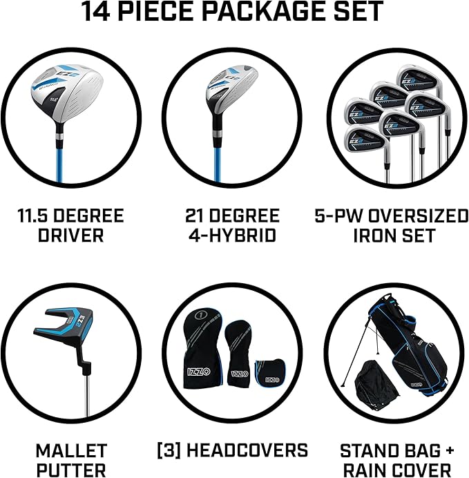 Izzo Golf EZ2 14 Piece Mens Right Hand Golf Club Set with Golf Bag - 14 Piece Complete Golf Club Set for Right Handed Golfers, Comes with Golf Bag