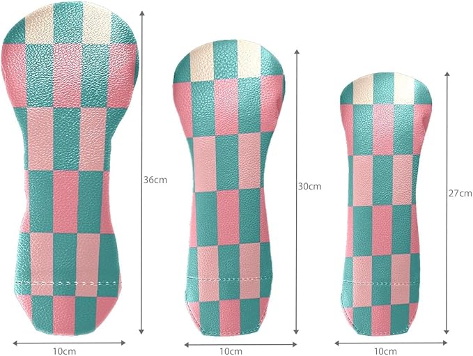 Golf Club Head Covers for Driver Hybrid and Fairway Woods, Waterproof Leather Headcovers for Golf Clubs, Ideal Golf Accessories Gift for Men Women (Pink and Teal Checkered)