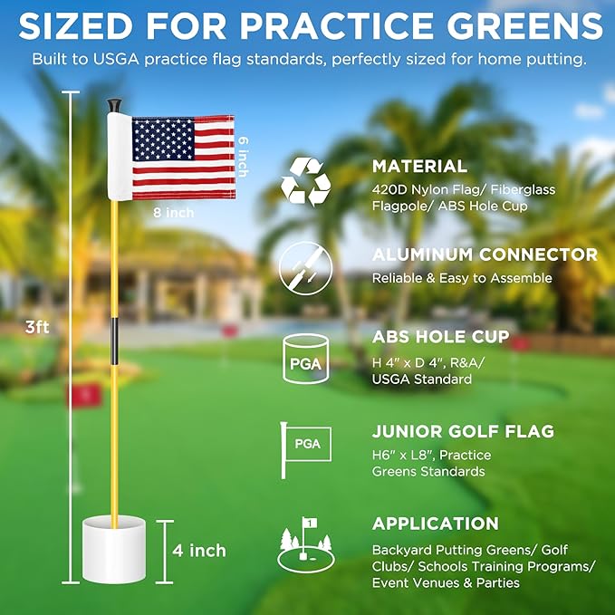 KINGTOP Golf Flagstick Mini, Practice Putting Green Flags for Yard, All 3 Feet, Golf Pin Flag Hole Cup Combo Kit, Fiberglass Portable 2-Section Design, Double-Side American Flag