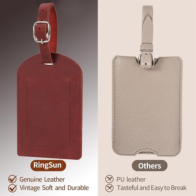 Ringsun Genuine Leather Luggage Tag for Suitcases ID Tags Bag Tags for Luggage (4 Pack, Red)