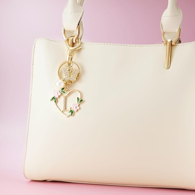 Gold Heart Initial Letter Keychain for Women Key chain Keyring for Purse Handbags Backpack Charm