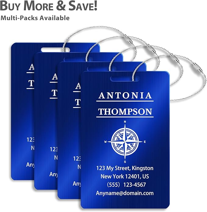 Custom Stainless Steel Luggage Tags (2 Pack) - Personalized Laser Engraved Luggage Tag, Waterproof Durable, for Bags, Backpack Travel, Suitcases (Blue)