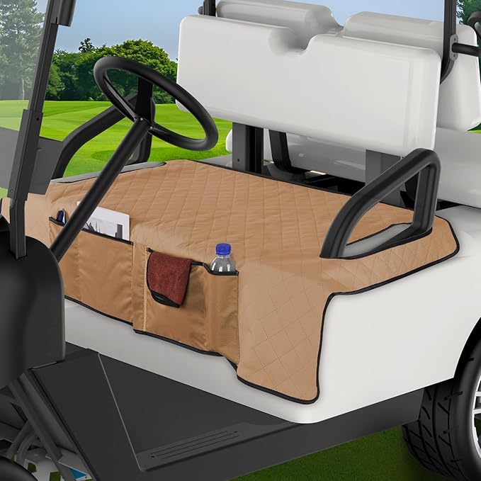 Kaskawise Golf Cart Seat Covers,Universal Golf Cart Seat Towel Blanket with 4 Front Pockets & Nonskid Bottom Fits for EZGO, Yamaha, Club Car DS Precedent and More 2 Person Seats Golf Carts (Brown)