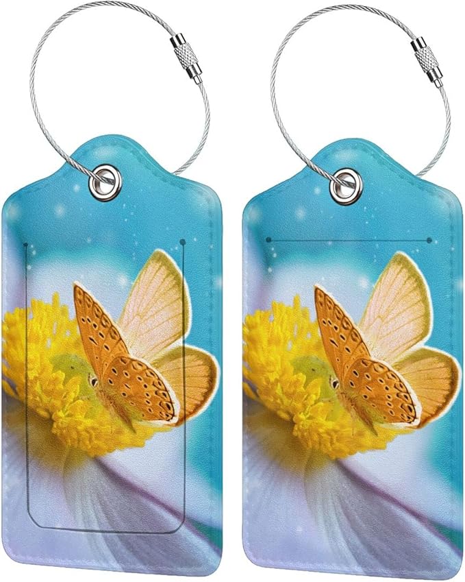 2 Pack Beautiful Sky Blue Luggage Tags for Suitcases, Pretty Yellow Butterfly on White Flower Pattern Unique Leather Suitcase Tags Identifiers with Privacy Name Address Labels for Women Girls Travel