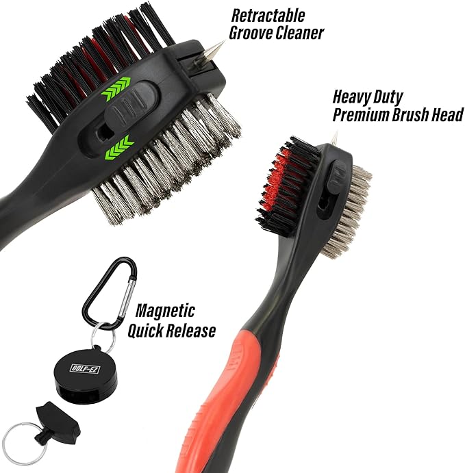 Magnetic Oversized Golf Club Cleaning Brush - 2X Bigger Brush Head with Quick Release and Retractable Groove Cleaner
