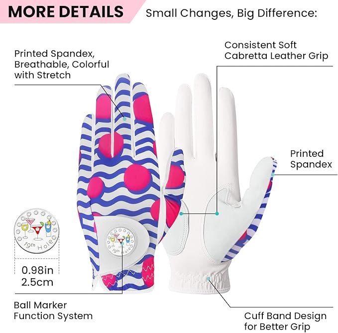 FINGER TEN Stylish Golf Gloves Women with Ball Marker 1 Pack for Left or Right Hand, Breathable Glove with Fashion Patterns for Ladies Right Left Handed Golfer