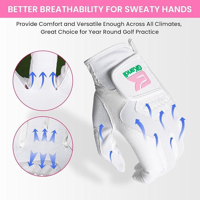 Golf Gloves Women Left Right Handed Golfer Rain Grip Hot Wet All Weather 2 Pack or 1 Pair, Womens Golf Glove Breathable Flexible Mesh for Ladies in Pink White