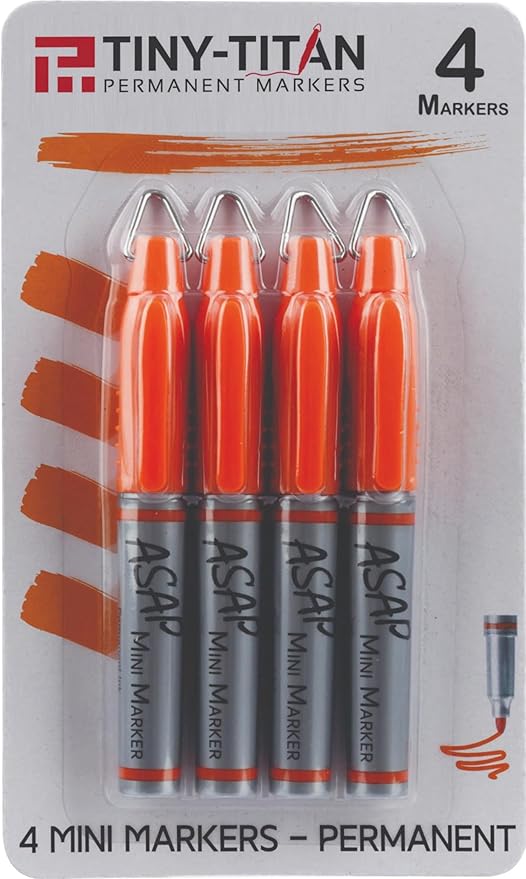 Tiny-Titan Mini Markers, Keychain Clip, Golf Ball Marker, Clip On Nurse's Badge - ORANGE Ink - Fine Point - 4 Pens