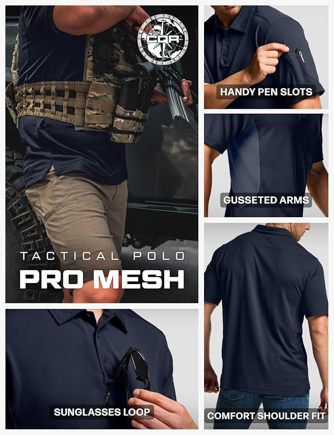 CQR Men's Polo Shirts, Tactical Short Sleeve Golf Performance Shirts, Lightweight Dry Fit UPF 50+ Pique