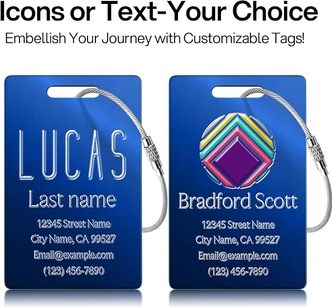 Personalized Luggage Tags - Custom Metal Luggage Tags for Suitcases, Backpacks and Bags with Your Personalized Club Logo Text (Blue)