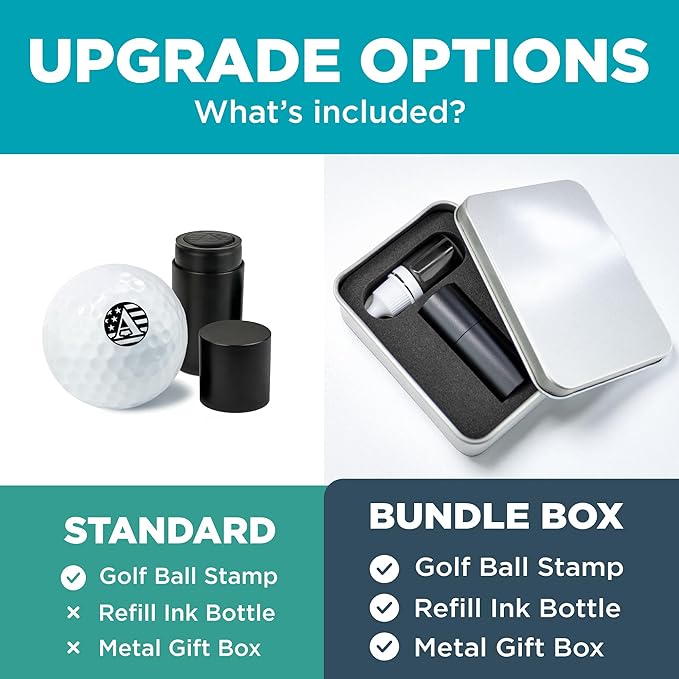Custom Golf Ball Marker Stamp with TiteSeal™ Technology Bundle - Metallic Box with Golf Ball Stamp + Refill Ink Bottle - Gold Case