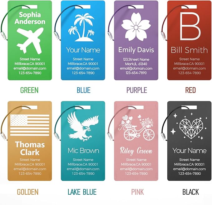 4 Pack Personalized Luggage Tags, Custom Engraved Aluminum Luggage Tags with Your Personalized Text, Waterproof Metal Name Tags with Steel Loop for Bags, Suitcase, Baggage, Backpack (Green, Large)