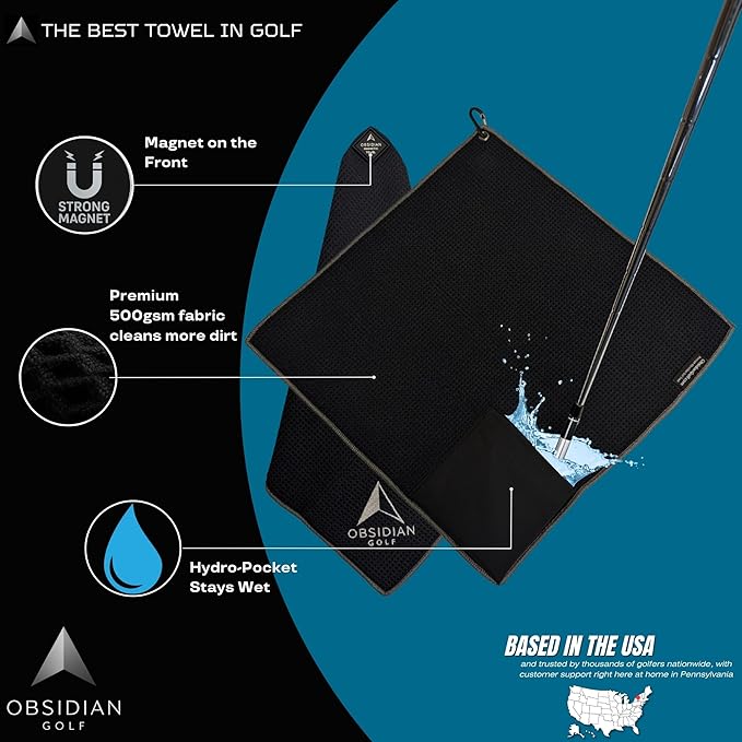 Golf Towel with Magnet & Hydro Pocket – Premium Full-Size Golf Towel HydroPouch Stays Wet for Cleaning Clubs, Easily Attaches to Clubs or Cart, Green-Side Ready (Black)
