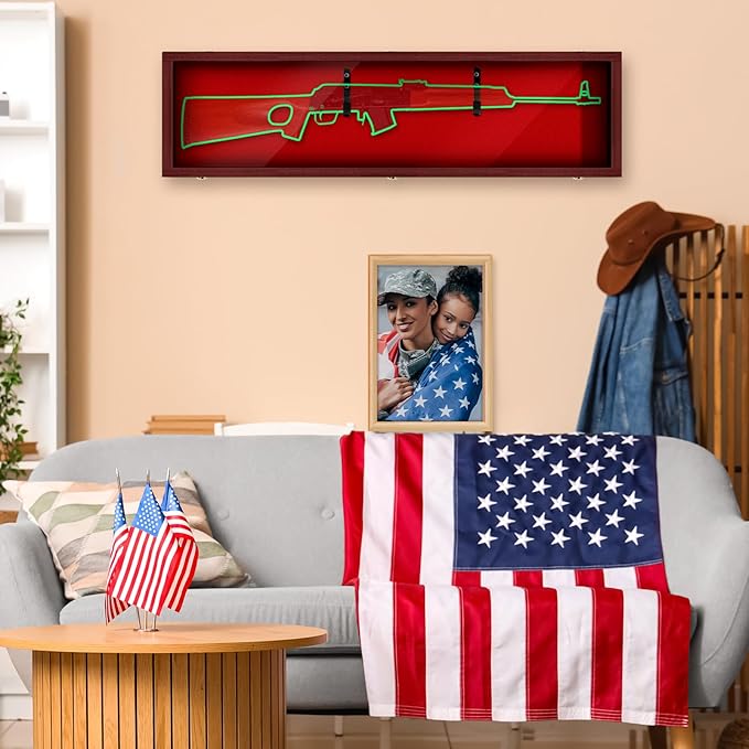 44.88'' Gun Display Case Wall Mount Wooden Rifle Firearm Display Case W/ 98% UV Protection Acrylic Clear Door with Lock Gun Shadow Box Wall Rack Holder for Collection