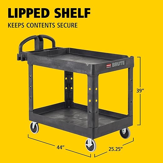 Rubbermaid Commercial Products 2-Shelf Utility/Service Cart, Medium, Black, Lipped Shelves, Ergonomic Handle, 500 Lbs Capacity, forfor Warehouse/Garage/Cleaning/Manufacturing