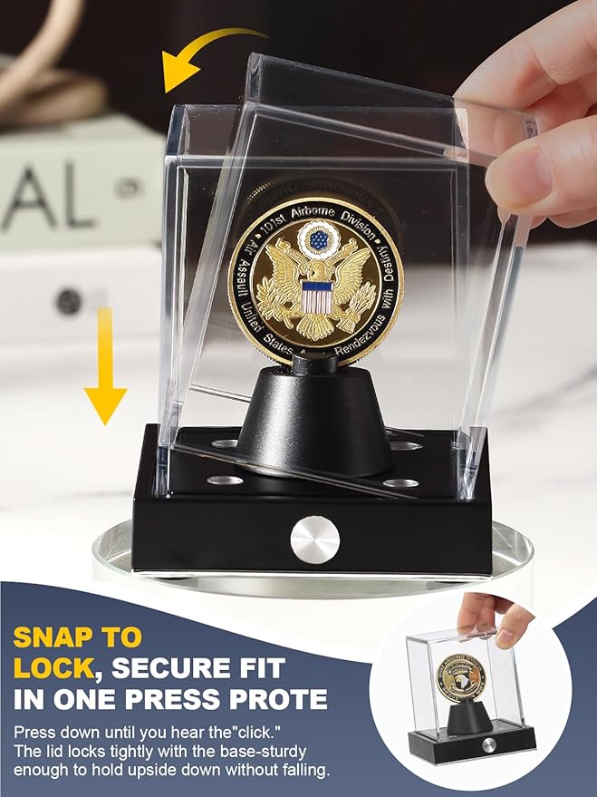 JupDec Cordless LED Challenge Coin Display Case, Clear Acrylic Single Silver Dollar Holder with 10 Color Light up, Autograph Coin Showcase with Memory Function, Ideal Gift for Sports Fans